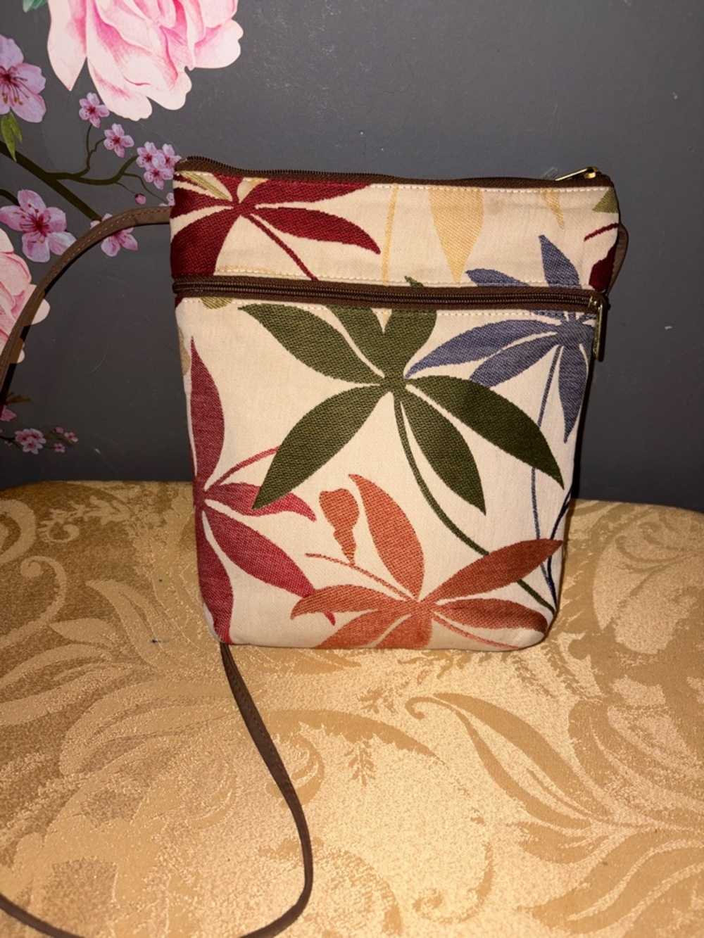 Danny K Beverly Hills Multicolor Leaf-Print Canvas Crossbody Bag by - Picture 1 of 8